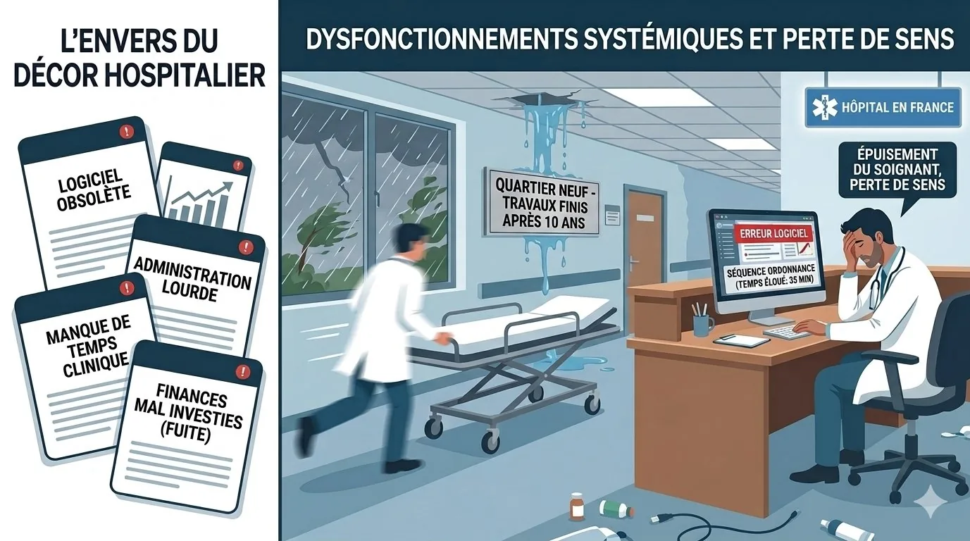 Médecin hospitalier épuisé devant une erreur logiciel : dysfonctionnements systémiques et perte de sens à l'hôpital en France