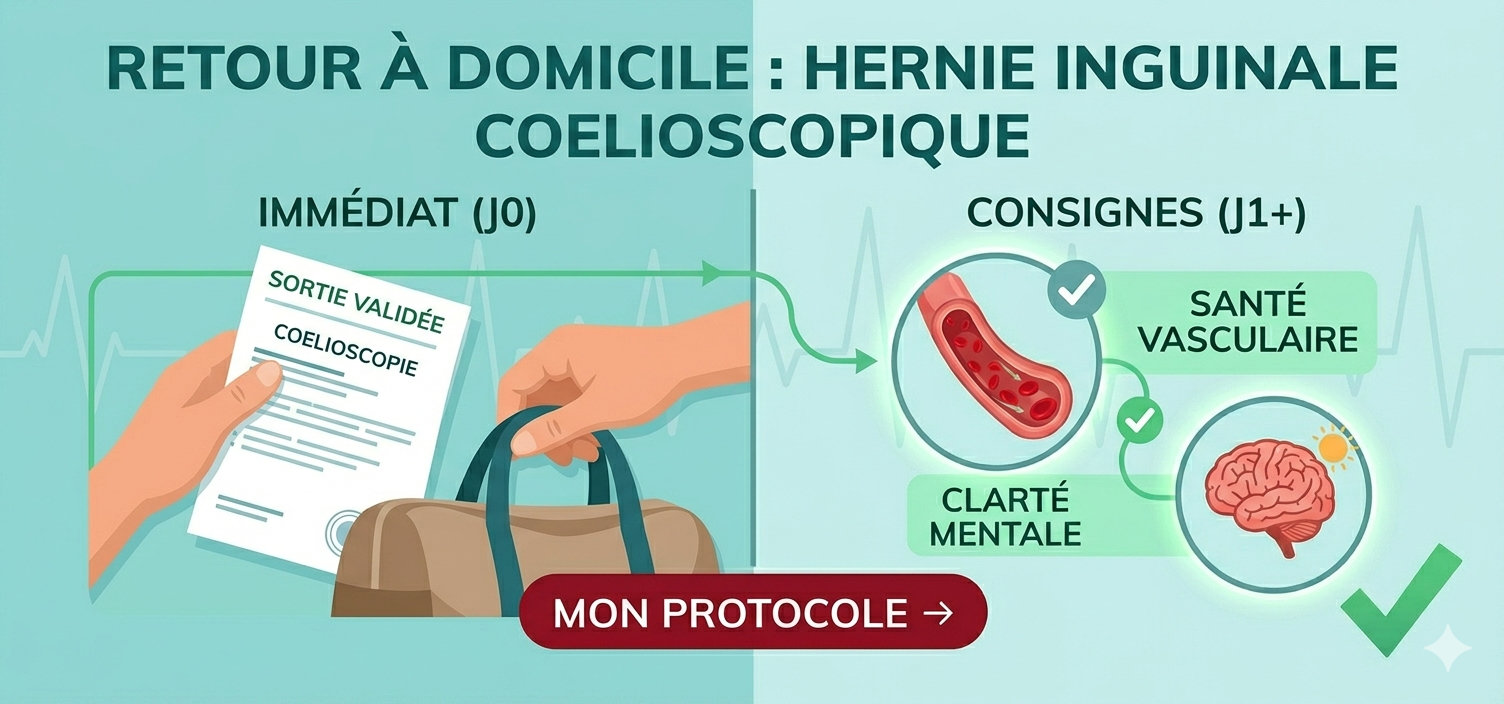 Rentrer à domicile après une cure de hernie inguinale — fiche prise en charge patients et conseils MediScribe